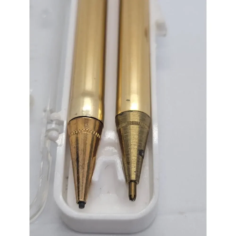 Mid Century Atomic Pen Set‎ Gold Star Rhinestone Clear Case Statement Piece